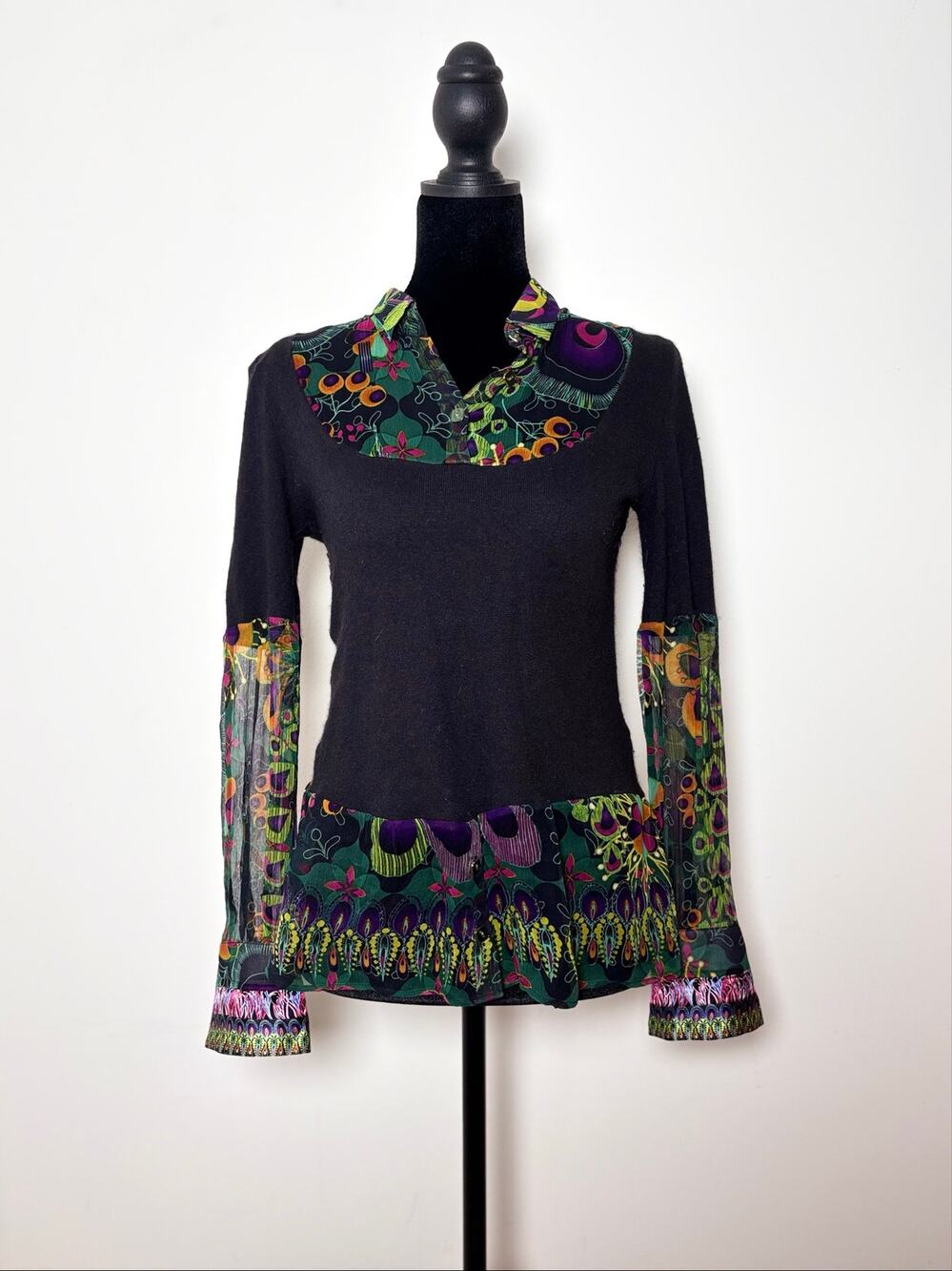 Custo Barcelona Black Angora Wool Sweater Silk Psychedelic Print Collared Layer